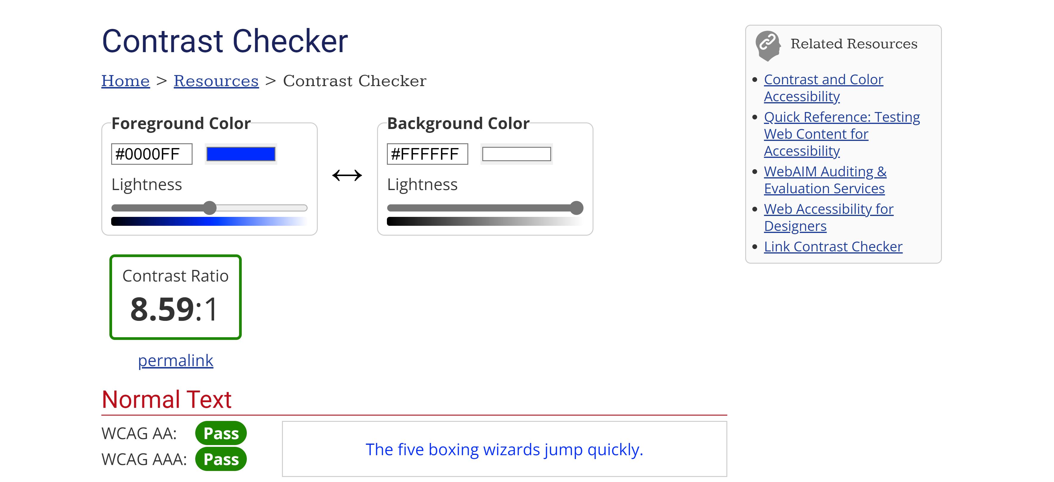 A screenshot of WebAIM's colour contrast checker, demonstrating how it establishes and checks for accessible contrasts.