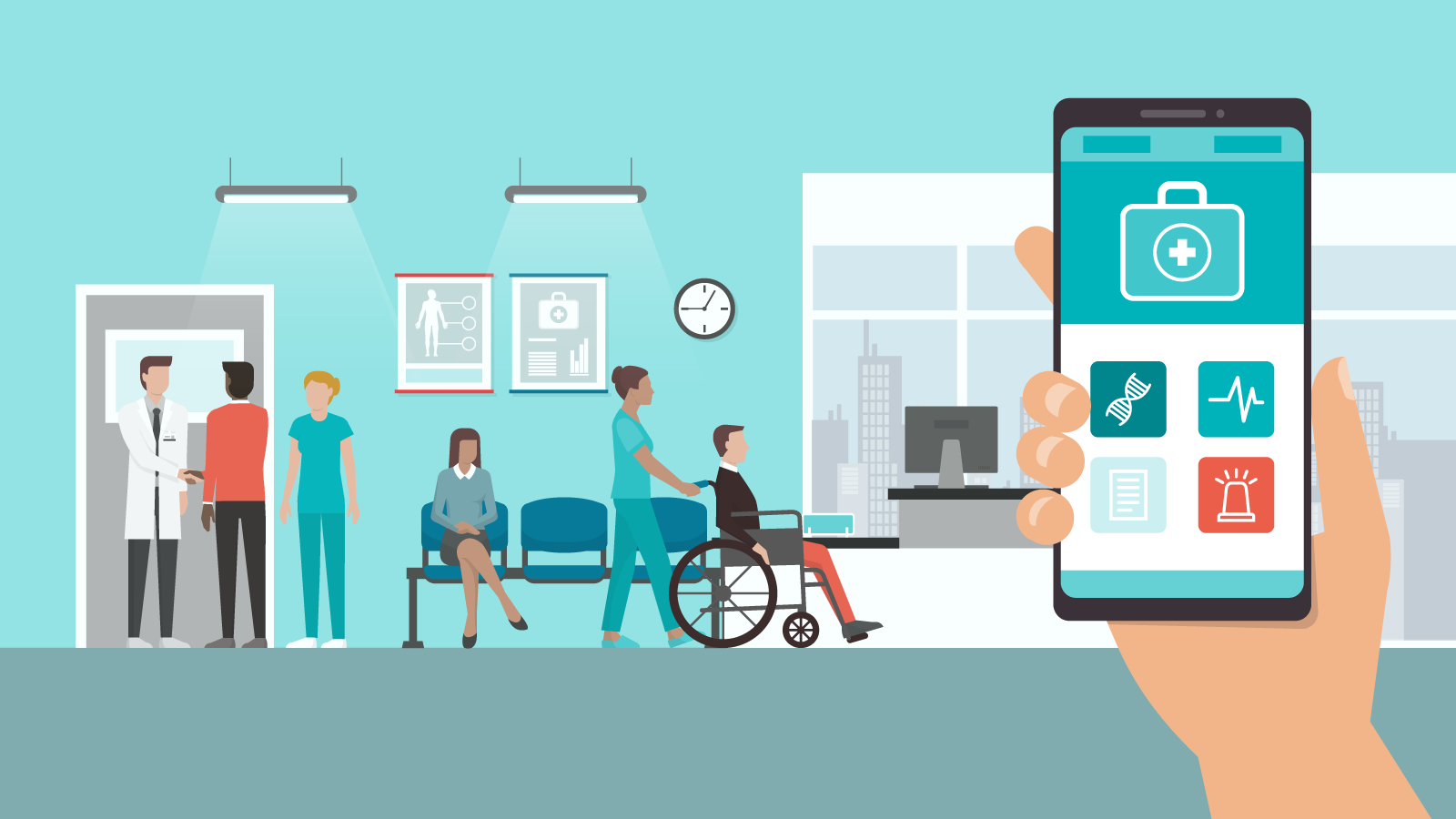An illustration of a doctor's waiting room. There's a hand holding a phone with various apps showing on it. One person in the background is in a wheelchair and is being pushed by a nurse. 