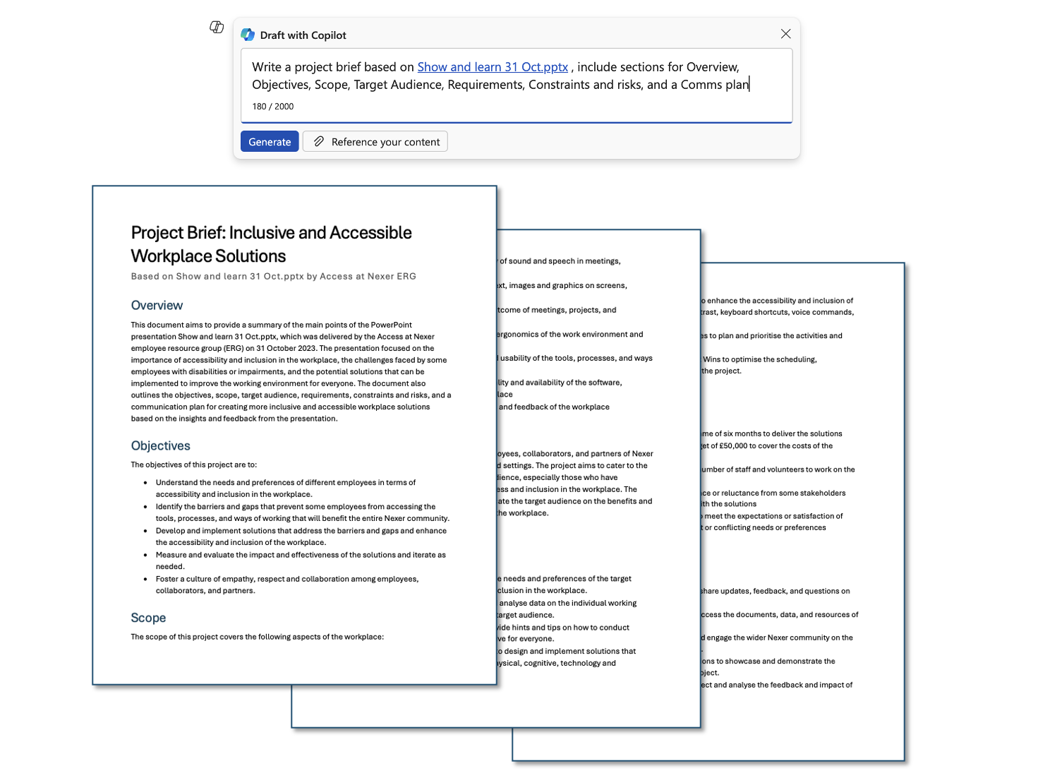 A command prompt for Copilot to write a brief based on a specific meeting, with the outputs showing Copilot has drafted a 3-page summary of a meeting about the Acces at Nexer Employee Resource Group