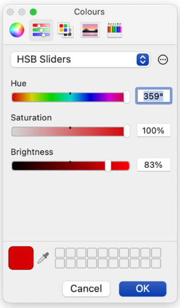 A screenshot shows three sliders in MacOS Sequoia’s colour picker.