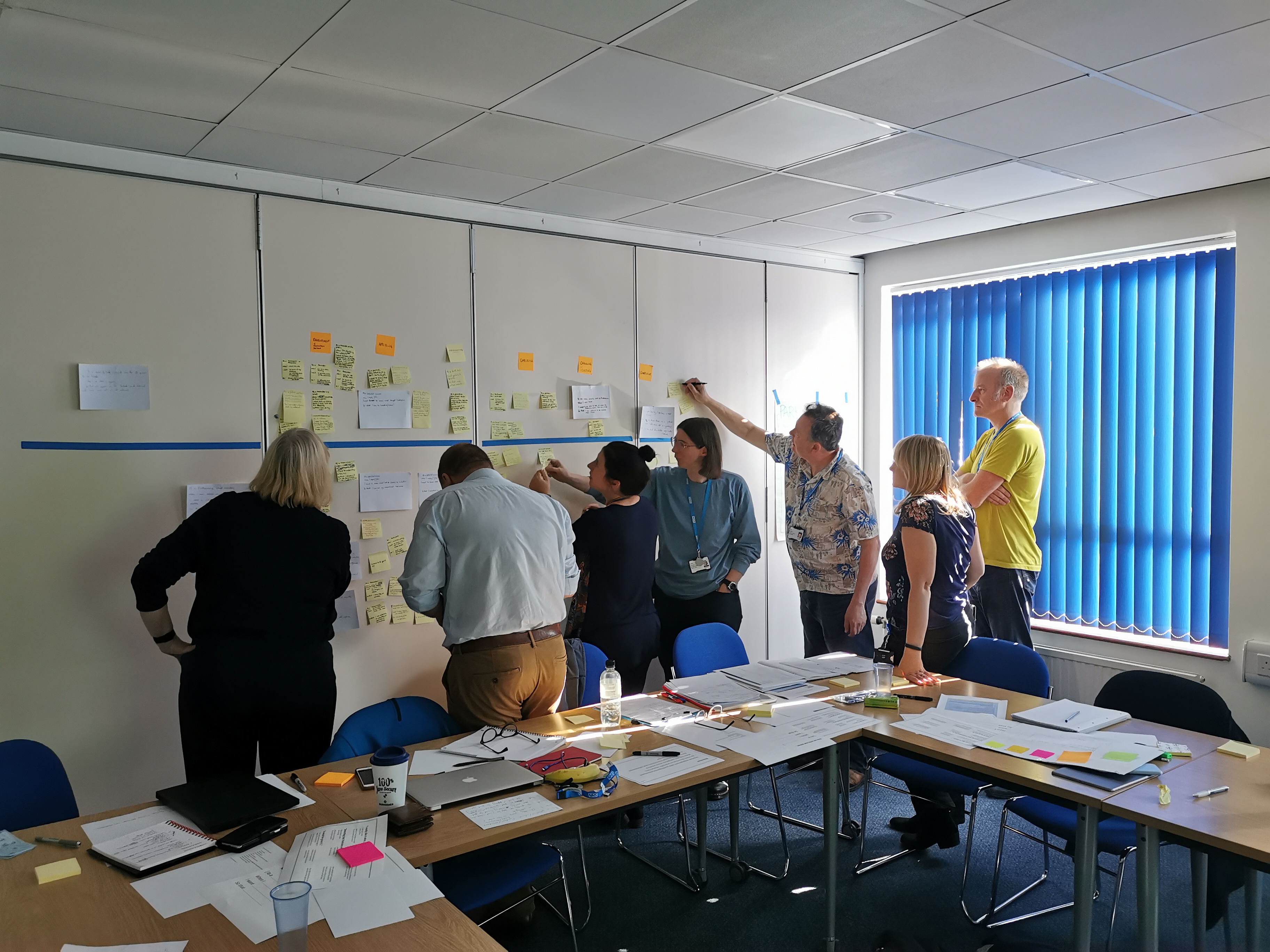 7 people sticking Post-it notes to a wall to categorise them