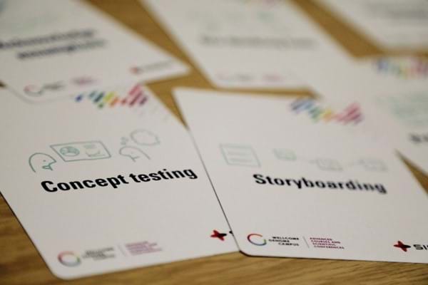 Ideation cards - two cards side by side, each with a word on them: concept testing and storyboarding. 