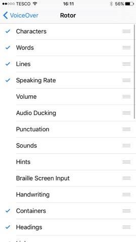 A screenshot of iPhone's VoiceOver Rotor options. 