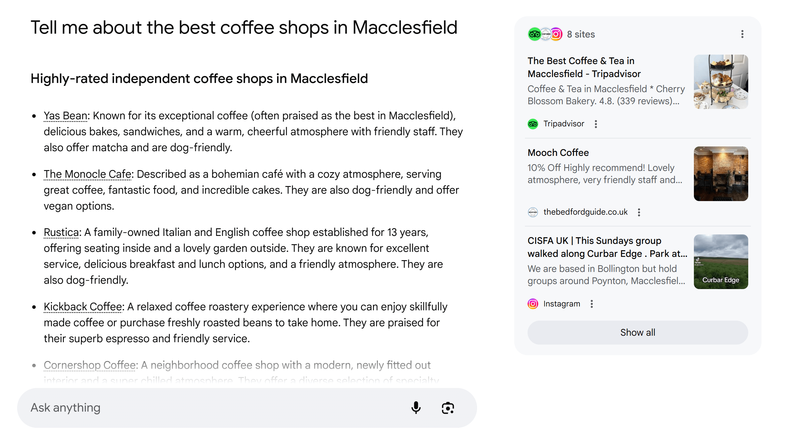 A Google AI search result for "Tell me about the best coffee shops in Macclesfield" displays a list of highly-rated independent coffee shops. Featured options include Yas Bean, The Monocle Cafe, Rustica, Kickback Coffee, and Cornershop Coffee, with highlights like great coffee, friendly service, dog-friendly policies, and cozy atmospheres. A side panel shows related listings from Tripadvisor