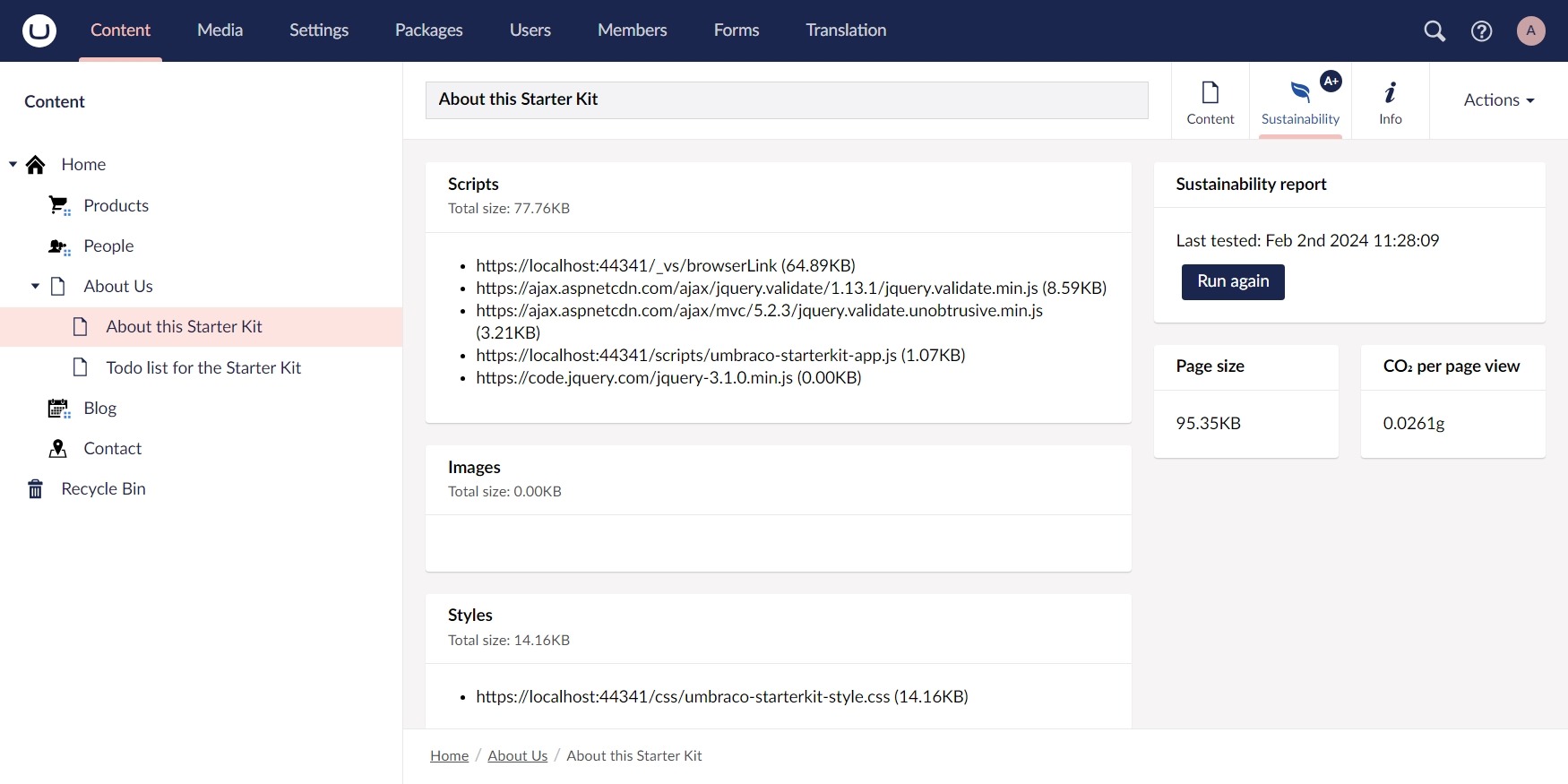 A screenshot of the Umbraco back office where a sustainability tab can be seen, reporting page size and CO2 output per page