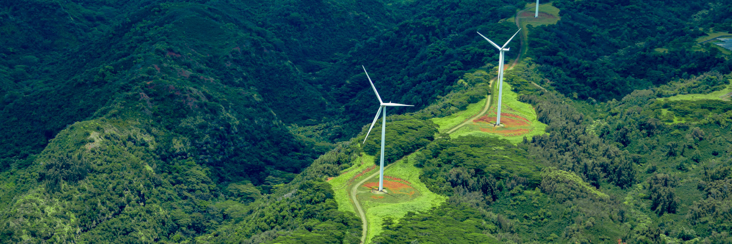 Rolling green hills with two wind turbines on them