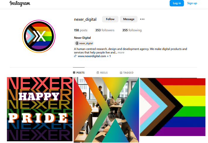 An image of Nexer's Instagram feed, with the top 3 images on the grid overlaid with Amy's initial Pride designs
