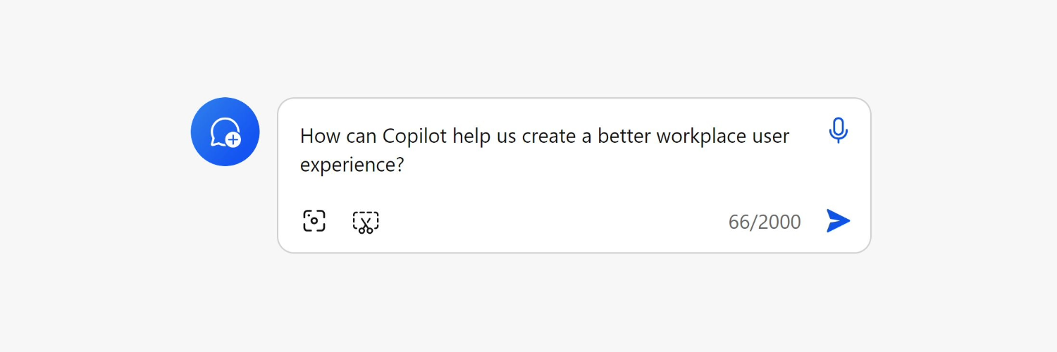 A screengrab of a Copilot query reading "How can Copilot help us create a better workplace user experience?