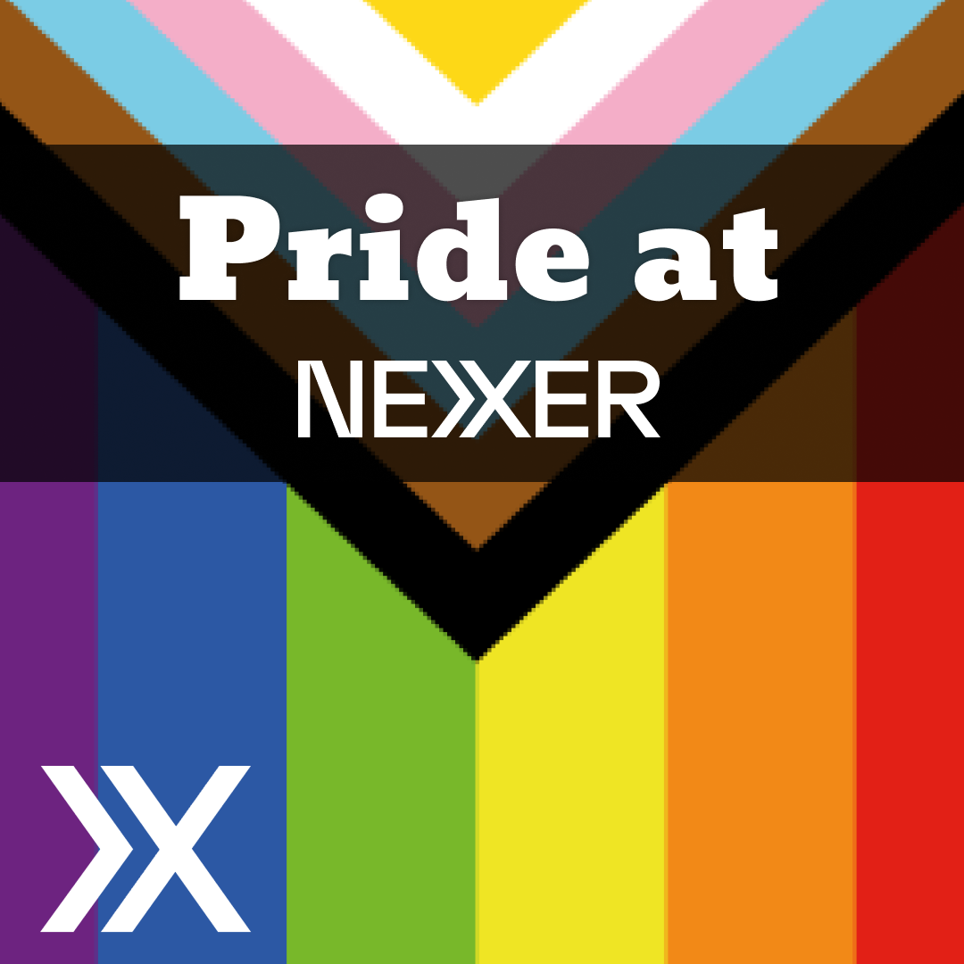 A square card reading "Pride at Nexer". A rainbow is behind the text, and it sits next to the Nexer logo.