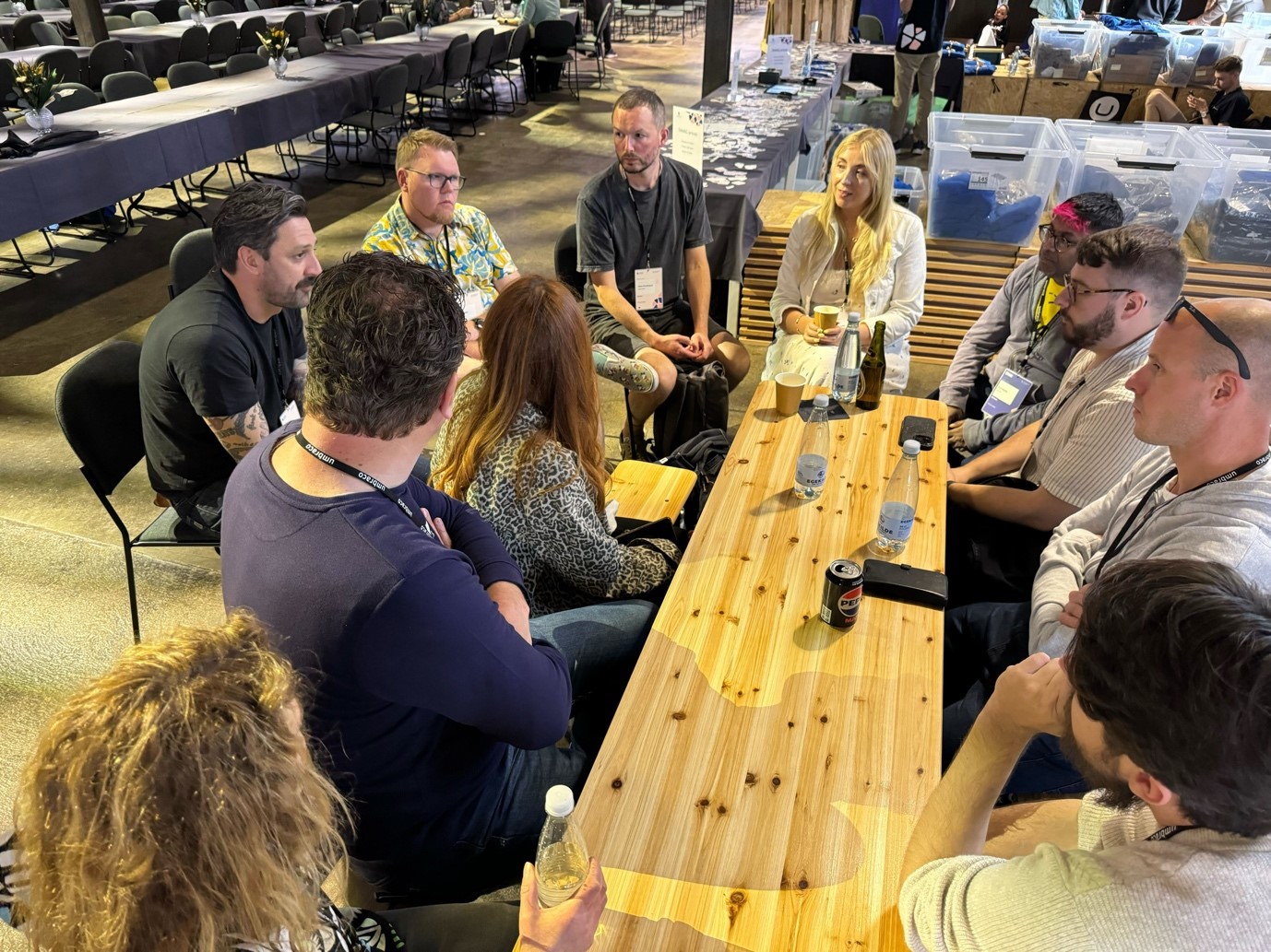 The Umbraco Sustainability Community Team sit around a table in discussion