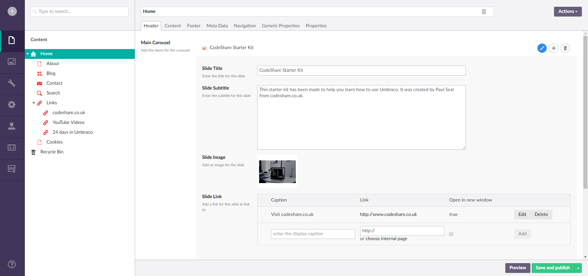 A screenshot of the Umbraco 7 back office