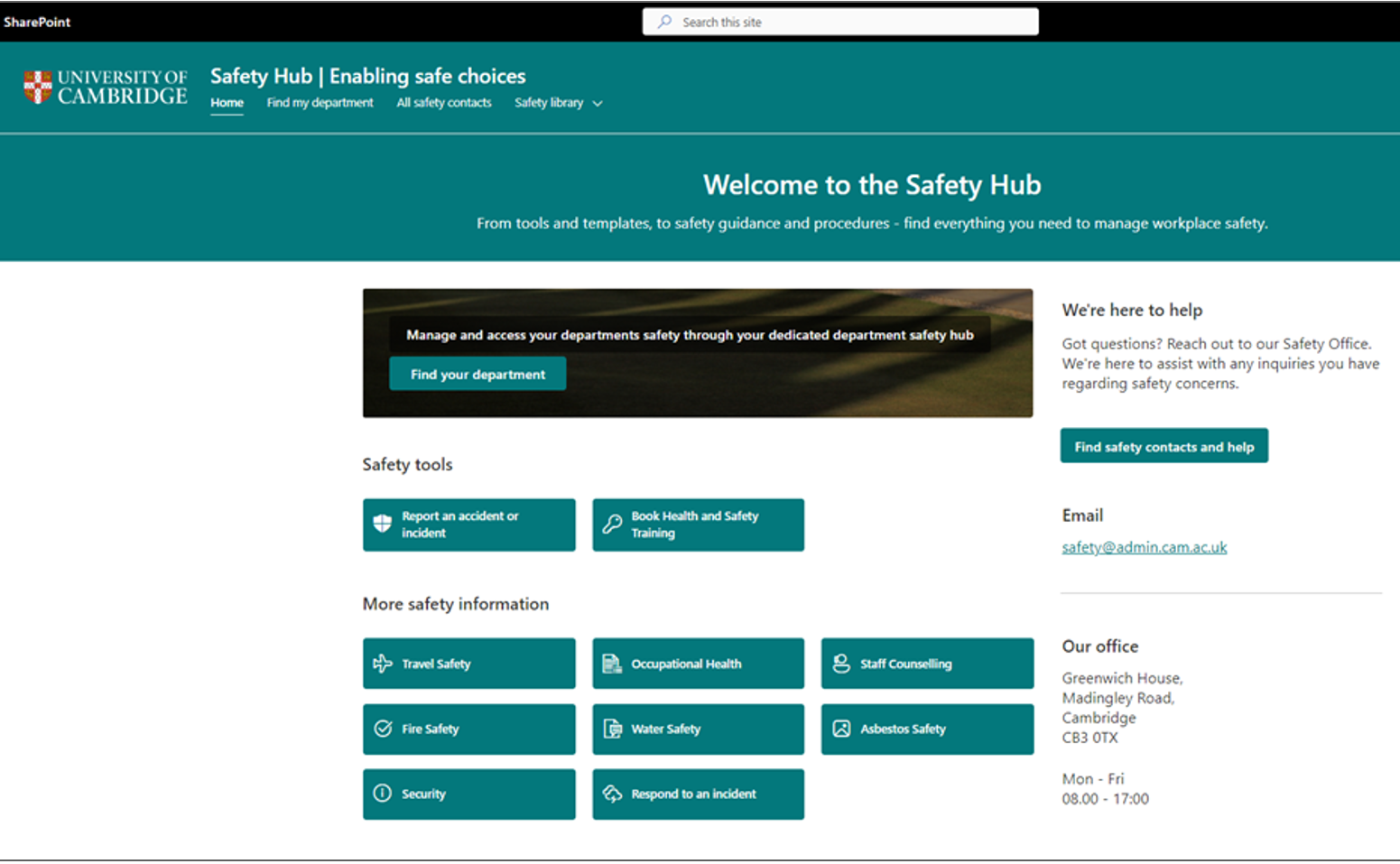 A screenshot of the interface of the University of Cambridge Safety Hub, showing how users can report different kinds of incidents and access safety information.