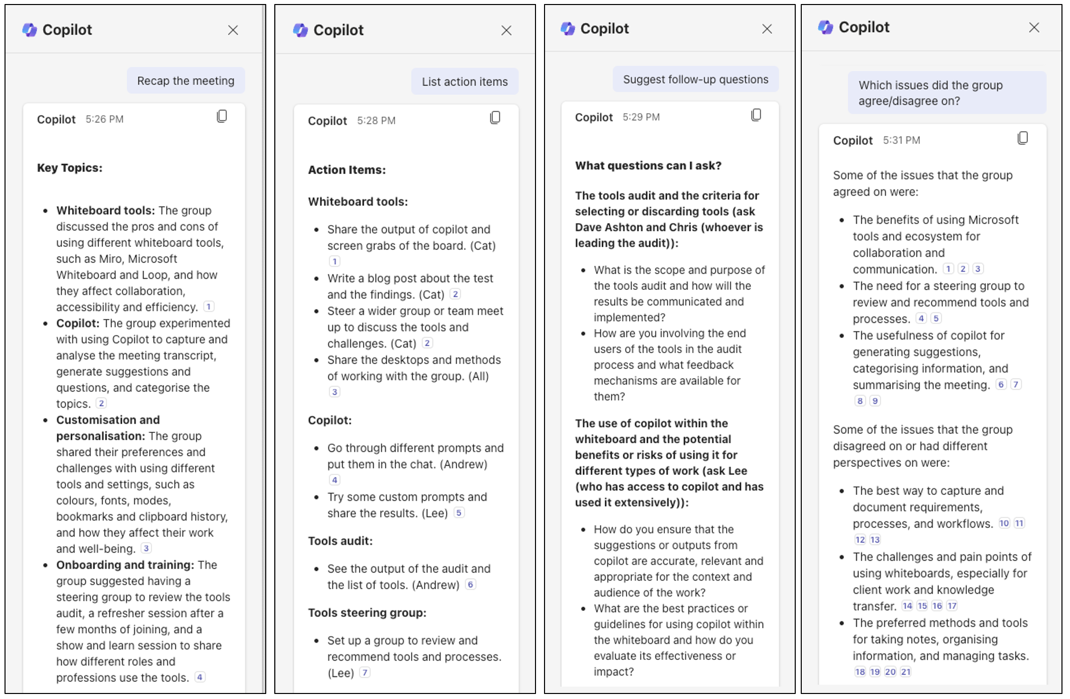 Screenshots show a series of prompts asked of Copilot by the user; Recap the meeting, List action items, Suggest follow-up questions, Which issues did the group agree/disagree on? The responses show Copilot answering each query with a good depth of information