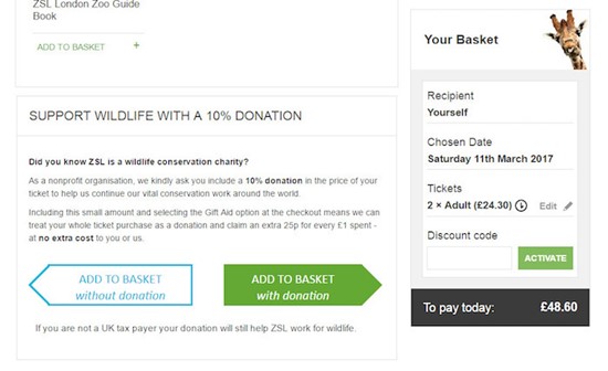 A screenshot of the London Zoo website showing the donation shopping basket