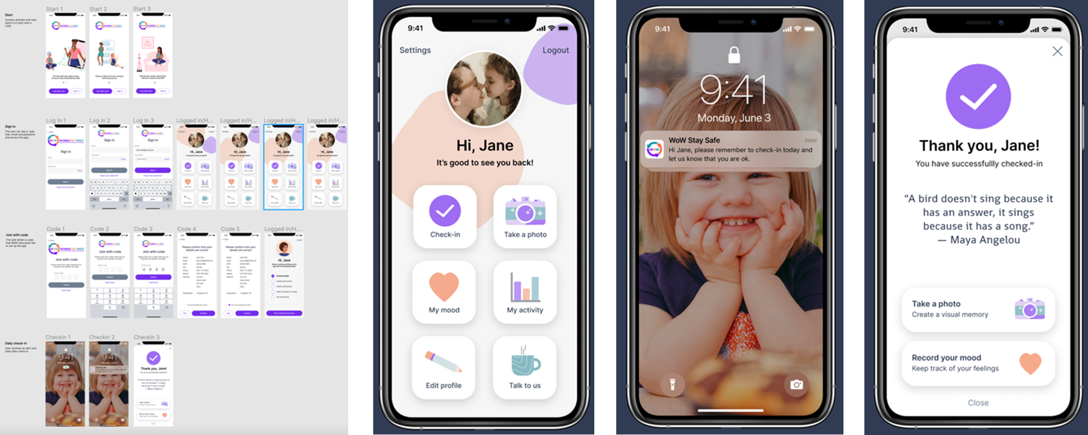 A series of four prototypes for the WOW app