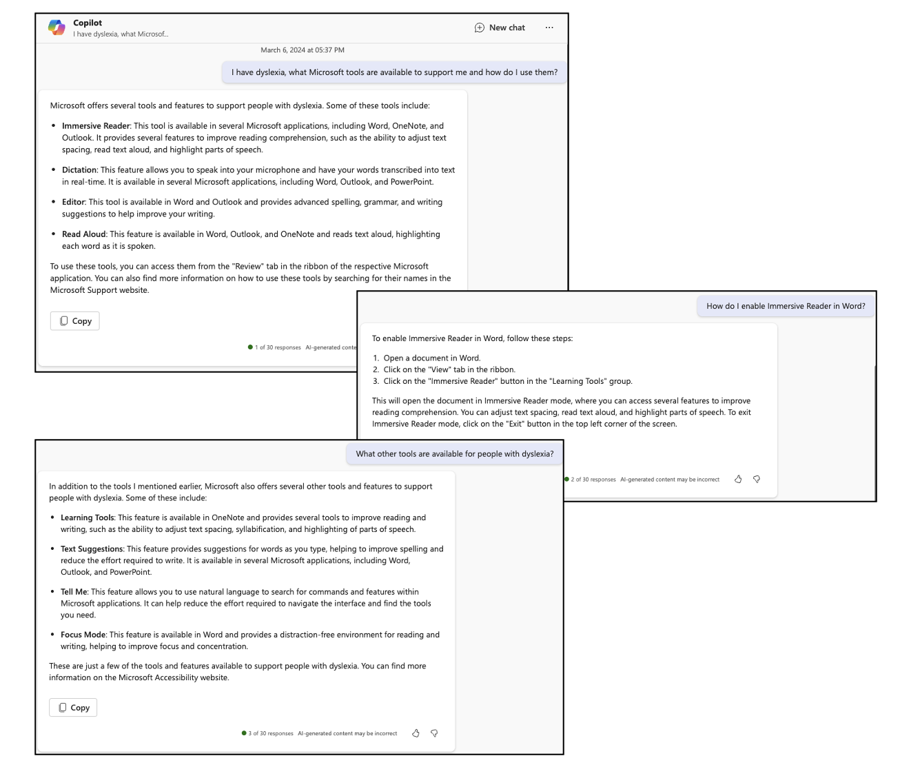 The user has prompted Copilot with questions around tools available for users with dyslexia, and how to enable immersive reader. The response shows Copilot suggesting tools and instructions for how to enable the reader