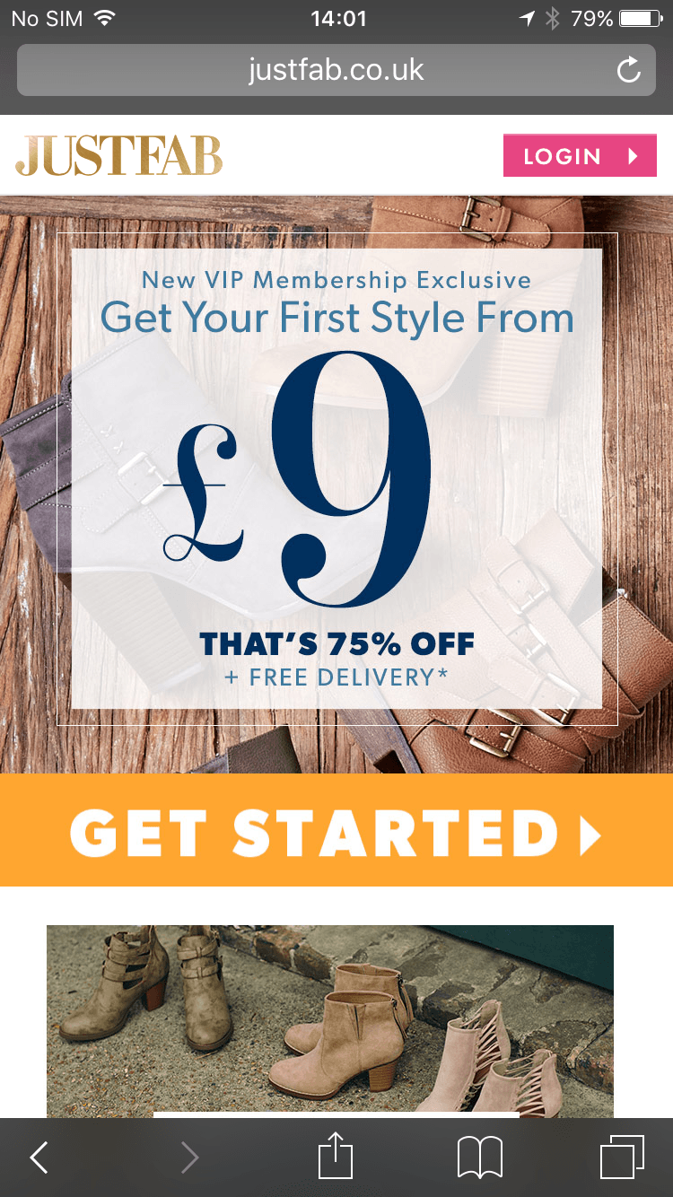JustFab mobile homepage offers products from &pound;9 to new VIP members.